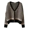 Cardigan Tejido de Punto de Color Contrastante con Cuello en V y Patrón de Rombos Grueso Holgado Estilo Coreano Retro Elegante Ins para Mujer