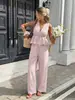 Conjunto de Ropa de Verano para Mujer de Comercio Exterior Transfronterizo Europeo y Americano 2026: Elegante Top de Rayas sin Mangas con Cuello en V y Pantalones de Pierna Ancha