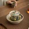 Tazón de té retro grande individual de Xi le gaiwan de color gris hierba y madera, tazón de té kung fu, tazón de té gaiwan de tres piezas sin quemaduras
