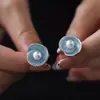 "Isla del Tiempo Azul" Pendientes de Perla con Flor de Hilo Azul Retro Francés, Pendientes de Aspecto Elegante y Moderno