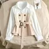 Blusas de otoño para mujeres petite, cuello polo de retazos, estilo Chanel irregular, versátiles y a la moda, con diseño entallado a la cintura, camisa de manga larga