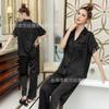 Pijama Simples Estilo Francês de Seda Gelo para Mulheres, Manga Curta com Renda para Primavera e Verão, Calça Longa, Roupa de Casa de Seda, Adequado para Usar Fora no Verão