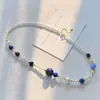 Collar Gargantilla de Cadena para Clavícula de Alto Grado con Diseño Vanguardista de Lapislázuli Natural y Perla de Cristal Hecha por el Hombre