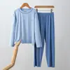 Pijama Feminino de Seda Gelada Verão Fino Manga Longa Calça Longa Adolescente Roupa de Casa Estudante Conjunto de Modal