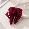 Pinza de Garra de Terciopelo con Lazo y Perlas de Cielo Estrellado Completo para Mujer Pinza para el Cabello Semi-Recogido de Lujo Ligero Gama Alta Pinza Grande para el Cabello de Otoño/Invierno