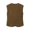 Nuevo Top Camiseta de Moda Verano para Mujer Marrón Texturizado Estilo Francés Retro Elegante con Giro en V sin Mangas para el Trabajo