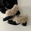 Zapatos de Felpa Cuadrados Estilo Coreano para Mujer, Zapatos Cálidos de Algodón 2026, Zapatos Negros de Cuero Retro con Tacón Grueso Estilo Francés