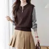 Llegada Nueva Primavera 2026 Camiseta de Manga Larga Rayas Patchwork Falsa de Dos Piezas Diseño con Sentido Versátil Top Redondo con Media Cremallera para Mujer