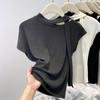 Camiseta Feminina de Verão com Decote Redondo Vazado, Fita, Manga Curta, Modelagem Slim, Top da Moda, Branca, Camiseta Básica