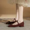 Jin Gang MY2808 Sapatos Femininos Mary Jane com Salto Grosso Nova Coleção Primavera e Outono 2024 Sapatos de Couro Sapatos de Salto Baixo Sapatos de Boca Baixa para Mulheres