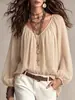 Novo top casual de chifon, estilo europeu e americano, decote V, franzido, estilo boho, modelagem solta, manga lanterna, para mulheres