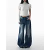 Calça Jeans Wide Leg Pregueada Estilo Retrô Americano de Cintura Alta para Mulheres Altas, Caimento Solto, Emagrecedor, Fluido, Corte Reto, Comprimento até o Chão