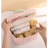 Bolsa de maquiagem xadrez estilo coreano ins para mulheres, bolsa de mão de grande capacidade, bolsa de higiene pessoal para viagem