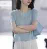 Camiseta Estilosa de Manga Curta com Ombros Normais, Blusa Tricô Pulôver com Renda Vazada, Blusa Casual Solta, Moda Francesa