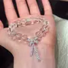 Pulsera de Cinta con Lazo de Perlas Blanco Hielo de Lujo Ligero para Mujer, Pulsera Versátil Fresca y Dulce como Regalo para Novia