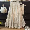 Traje de Férias Boêmio para Mulheres, Estilo Coreano, Crochê Resistente com Recortes, Cintura com Cordão, Saia Evasê Versátil