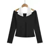 Camiseta Elegante Estilo Coreano Falsa de Duas Peças Ombro a Ombro Manga Longa para Mulheres, Nova Chegada Primavera 2026 Slim Fit Emagrecedora Camisa Base Top