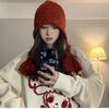Gorro de lana tejido a mano, cálido, de estilo japonés Ins, versátil, para Año Nuevo, otoño e invierno, con protección para las orejas y borla, tipo gorro de punto