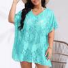 Europeu e americano cross-border plus size mulheres sexy renda oco perspectiva v-neck split blusa vestido de praia feminino 19140