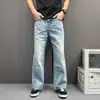 Pantalones de pierna curva azul claro para el día a día, pantalones vaqueros con lavado de copo de nieve para hombre, pantalones largos casuales holgados y cómodos para primavera y otoño