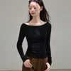 Camiseta Elegante de Manga Larga Off-Shoulder con Cuello Barco de ECO-Seda de 260g para Mujer, Corte Ajustado, Ceñida en la Cintura, Top Básico Versátil