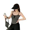 Camisola retro de rayas con cuello en U y botones para mujer, top corto de verano ajustado con almohadillas en el pecho, prenda exterior sin mangas