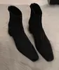 Botines Cuadrados para Mujer con Tacón Grueso 2025 Nuevos de Otoño e Invierno Versátiles Botines Franceses Ajustados con Cremallera Trasera Botas Elásticas de Tacón Alto