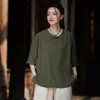 Camisa de manga curta de verão, blusa de algodão e linho com botões para mulheres, top solto estilo chinês vintage com gola diagonal, roupa Zen para chá, camiseta de mãe