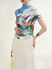 Playera de Cuello Alto Miyake para Mujer, Estampado de Diseño Nicho, Elegante Elegante, Playera de Manga Corta, Top Plisado Versátil Adelgazante