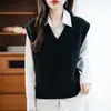 Novo Colete de Tricô de Lã Pura com Decote V e Torcido Feminino Pulôver Elegante Casual Simples Solto com Fenda Camadas Sem Mangas
