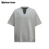 Camiseta de manga corta con cuello en V, de tela bicolor, de marca de moda, nueva llegada de verano, de corte limpio, holgada, de alta gama, para hombres y mujeres.