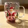 Nueva taza de vidrio transfronteriza con tema navideño, de doble capa, diseño de dibujos animados, con lentejuelas, borosilicato alto, aislante, con asa