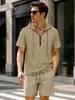 Conjunto de camisa de lino de manga corta para hombre transfronterizo, pantalón corto de trabajo tipo jersey con cuello, estilo vacacional de playa europeo y americano