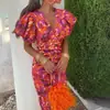 2026 Ropa Femenina Transfronteriza Europea y Americana Nuevo Estilo Comercio Exterior Elegante a la Moda Temperamento Vestido de Ajuste Delgado con Estampado y Cuello en V Plisado
