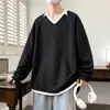Sudadera con Capucha de Manga Larga, Cuello en V, Rayas, Falso Dos Piezas para Hombre, Primavera y Otoño, Talla Grande, Estilo Perezoso Holgado, Top Versátil Atractivo