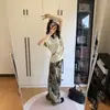 Pantalones de trabajo de leñador casual holgados de calle americanos con retazos, camuflaje, estampado de leopardo, unisex, casual, pierna ancha, cordón, pantalones largos