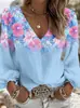 2026 Comercio Exterior Transfronterizo Amazon Verano Nuevo Estampado Floral Retro de Festival Camiseta de Manga Larga con Cuello en V Top para Mujer