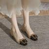Couro genuíno cor bloco bloco sapatos de salto feminino 2023 novo all-match Chanel estilo elegante raso-vamp sapatos de salto alto sapatos de leite de salto médio