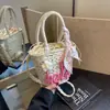 Lenço de letra bolsa de palha de mão bolsa de palha semicircular que combina com tudo bolsa tecida bolsa feminina que combina com tudo estilo férias à beira-mar bolsa de praia