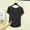 Camiseta básica de manga corta de color liso para mujer, top fino de modal para verano con cuello en U y manga corta, talla grande versátil y holgada