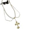 Collar con borlas de perlas y cruz retro de industria pesada para mujer, diseño de nicho de lujo ligero, temperamento, personalidad, accesorios de cadena de clavícula