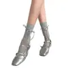 Meias Lolita jk meias de renda para panturrilha femininas primavera outono verão finas estilo balé com laço meias cano alto empilhadas