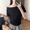 Camiseta de Manga Corta de Algodón Puro Estilo Coreano para Mujer, de un solo hombro, dos formas de usar, Verano 2026, Ligera, Fresca, Relajada, Holgada