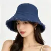 Sombrero de Pescador de Color Sólido Lavado con Borde Deshilachado para Mujer, Sombrero de Cubo Versátil Casual, Sombrero de Sol de Moda Estilo Coreano, Elegante y que Afina el Rostro