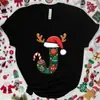 Camiseta Navideña para Mujer con Gráfico de Letra A-Z, Estampado de Letra de Papá Noel, Top Casual para Fiesta Navideña