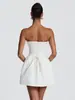 Vestido Corto de Falda Línea A sin Tirantes Escote en V Corsé de Ballenas Panel Tridimensional Dobladillo Acampanado Vestido Nuevo de Verano 2026 Elegante para Mujer