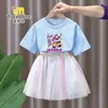 Conjunto de Vestido de Manga Curta para Meninas Caçadoras de Demônios Kpop Estilo Verão Moda Vestido de Tule Princesa Saia Duas Peças para Meninas Jovens