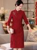 Vestido de novia rojo Cheongsam para suegra, primavera 2025, de siete mangas, talla grande, encaje, talla pequeña