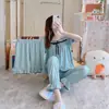 Pijama de Tres Piezas para Mujer Verano Color Sólido Cuello Redondo Manga Corta Pantalones Cortos Traje de Ropa para el Hogar de Chica Dulce