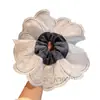 Scrunchie Floral Bordado Patchwork Emagrecedor de Rosto de Aba Larga Extra Grande Estilo Universitário Coreano Cinza Elástico para Prender o Cabelo